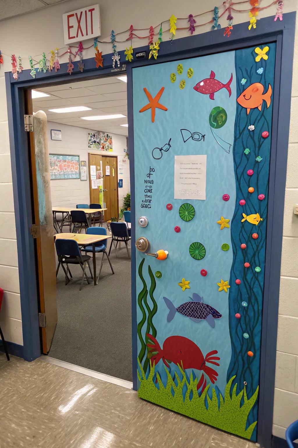 A classroom door transformed into an underwater adventure, captivating students with ocean wonders.