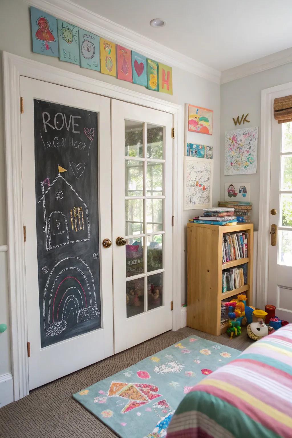 Chalkboard doors inspire creativity and practicality.
