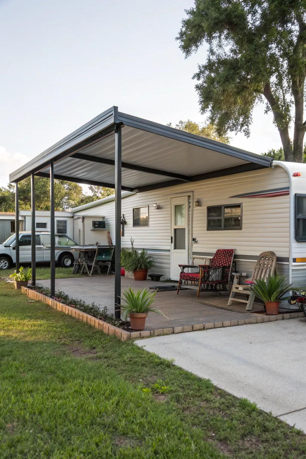 A carport that transitions into a versatile patio space.