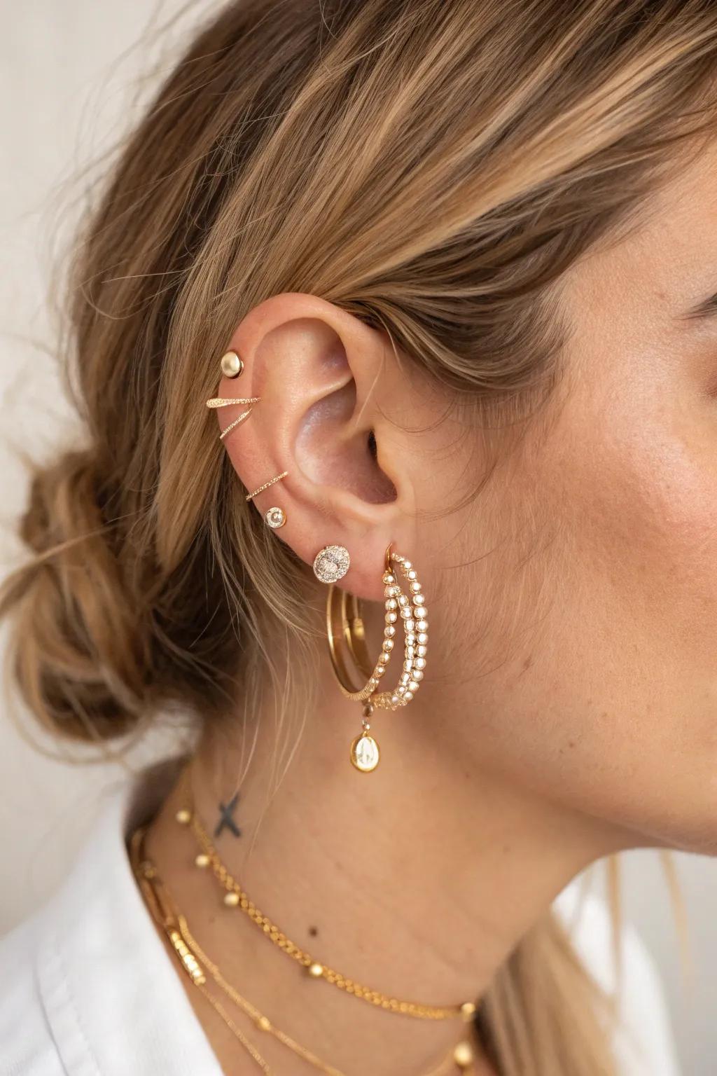 Elevate your style with a chic layered earring stack that combines minimalist elegance with bohemian flair.
