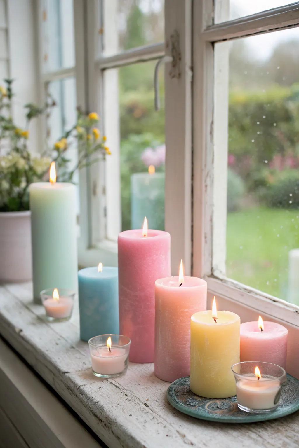 Pastel candles offer a cozy glow in the evening.