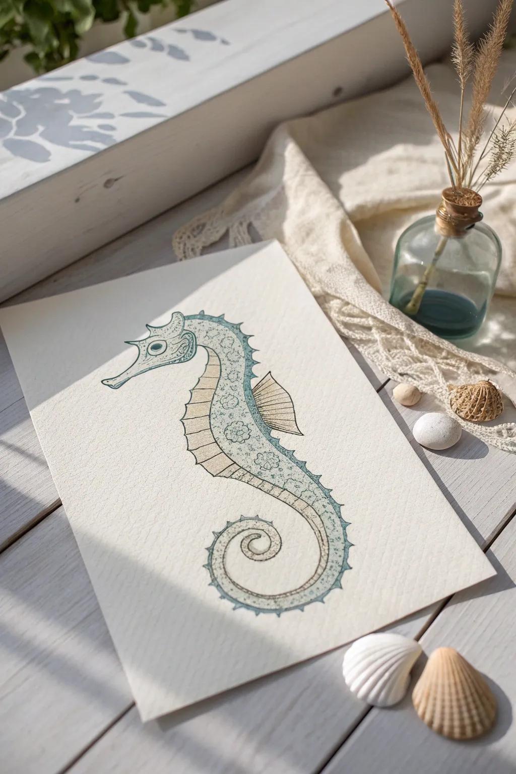 Dive into simplicity with this charming seahorse sketch, where elegance meets whimsy in minimalist style.