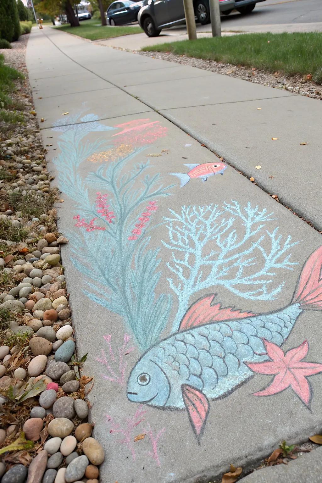 Dive into a serene underwater escape with this charming chalk art masterpiece.