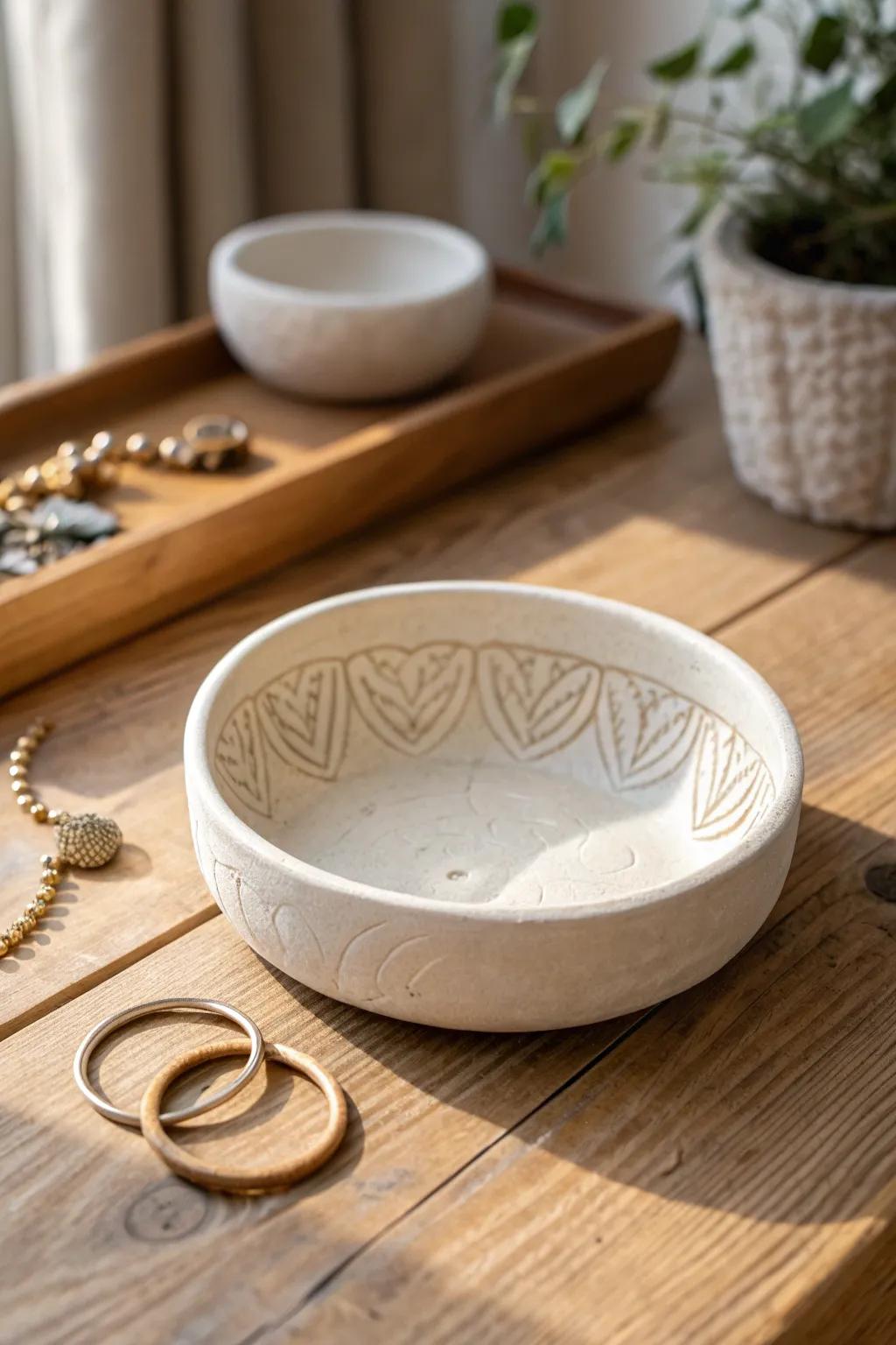 Delicately crafted clay jewelry dish: where simplicity meets elegance.