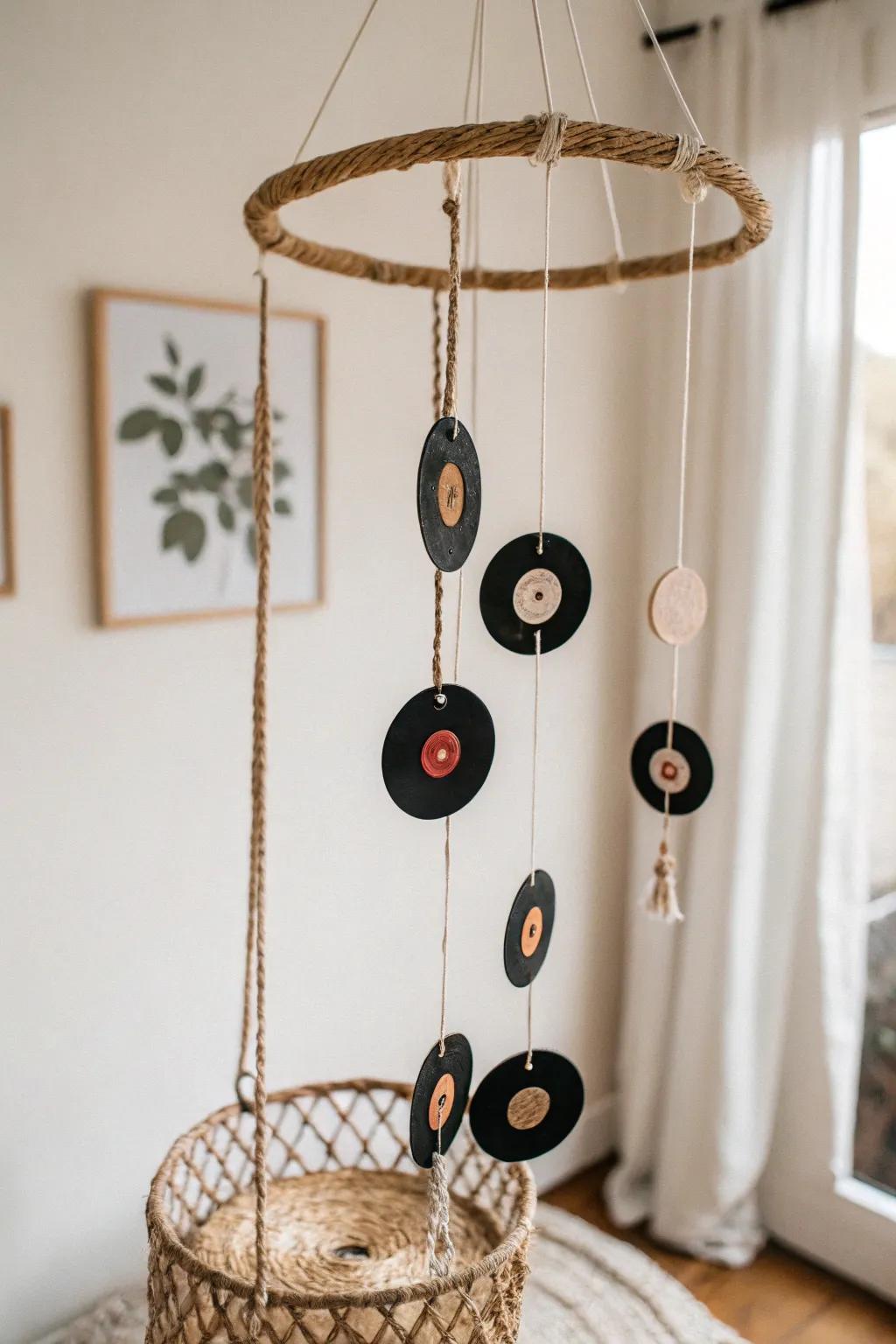 Add a touch of whimsy with a DIY vinyl record mobile – perfect for cozy corners.