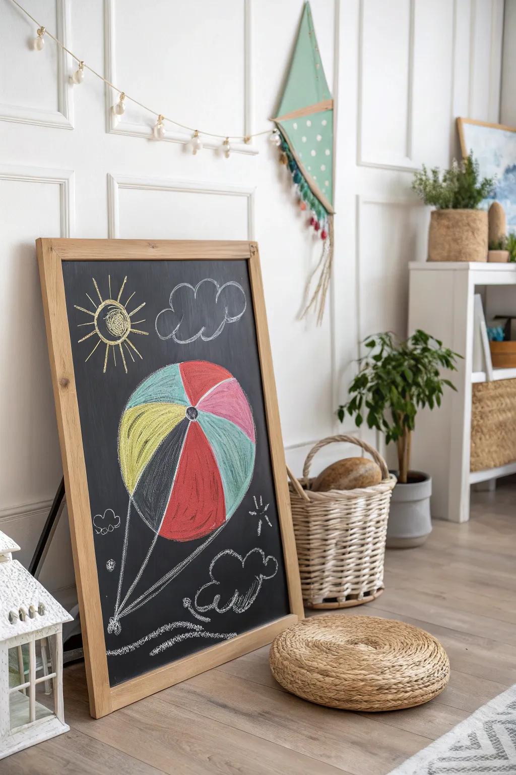 Bring summer vibes indoors with this charming beach ball and kite chalkboard art!
