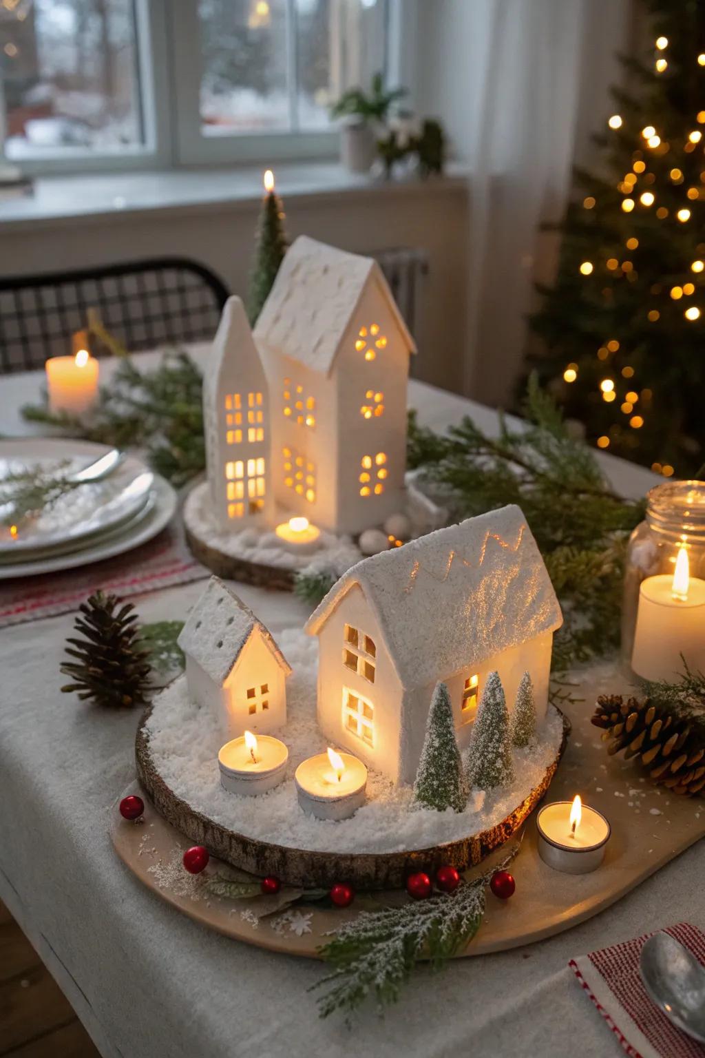 A glowing winter village adds charm and warmth to your table.