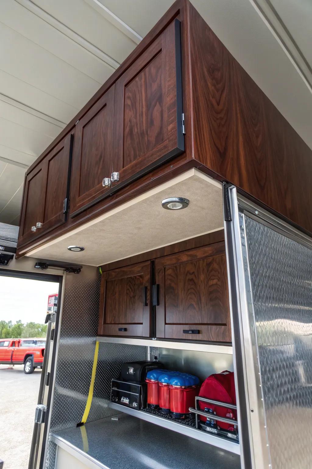 Maximize your enclosed trailer's potential with ceiling-mounted cabinets, perfect for organizing your gear with style and efficiency.
