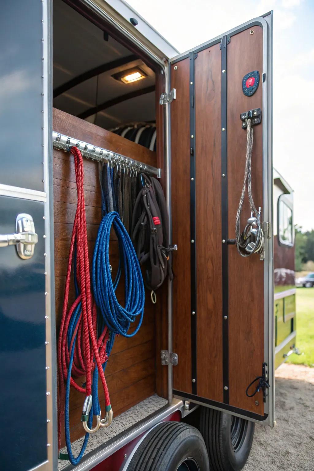 Craftsmanship Meets Functionality: Transform your trailer doors with stylish hanging storage solutions.