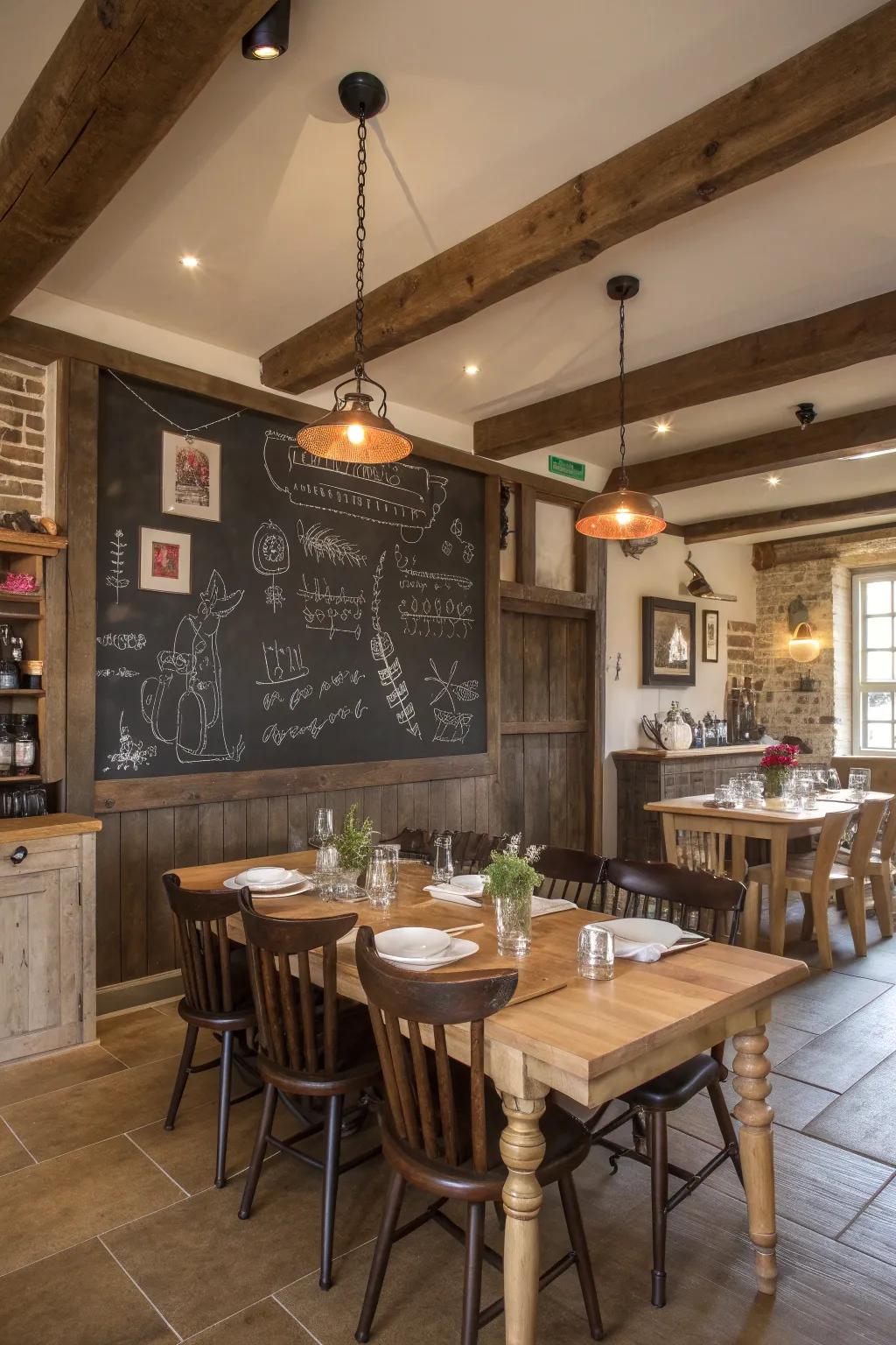 A chalkboard wall adds a playful and customizable element to the dining room.