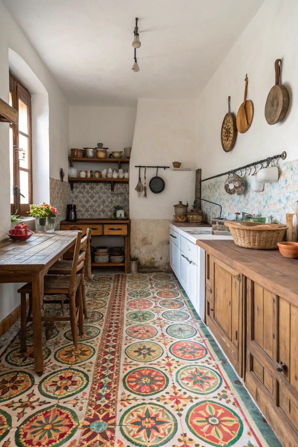 Vibrant patterned tiles bring energy and style to this farmhouse kitchen.