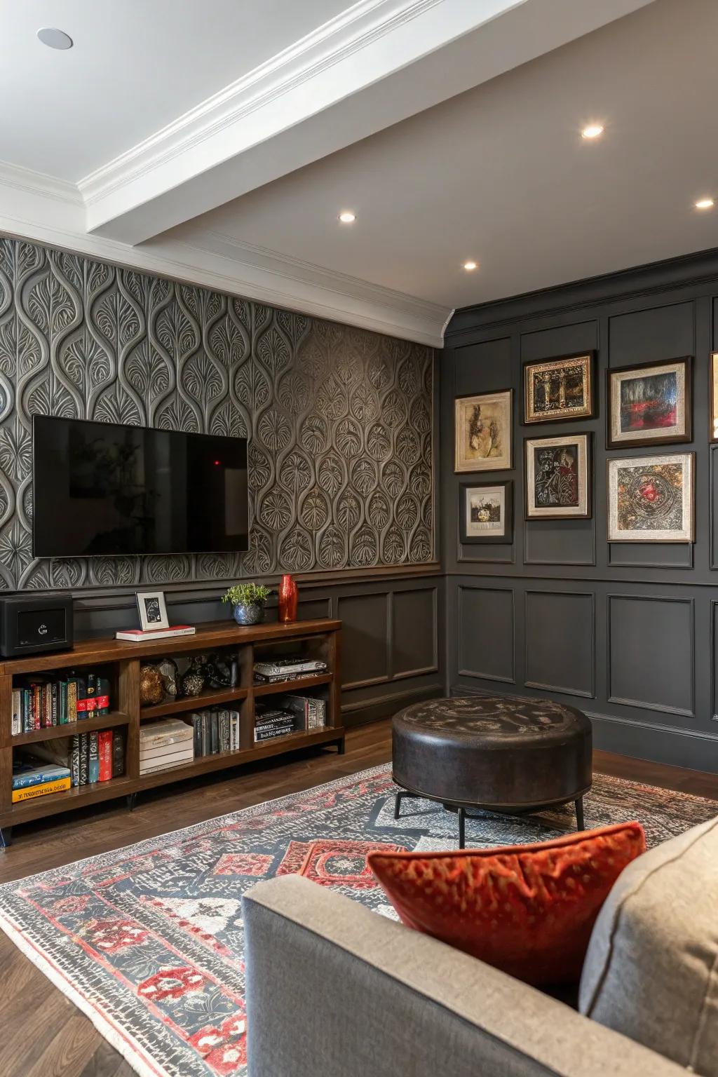 Eclectic space with contrasting textured wainscoting.