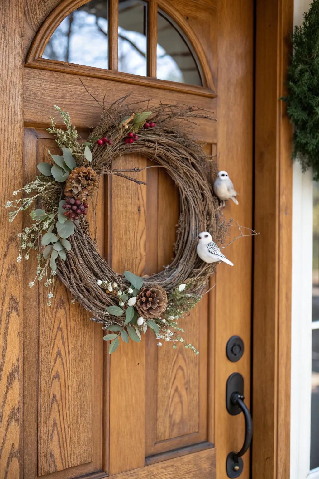 Decorative birds add whimsy to a farmhouse wreath.