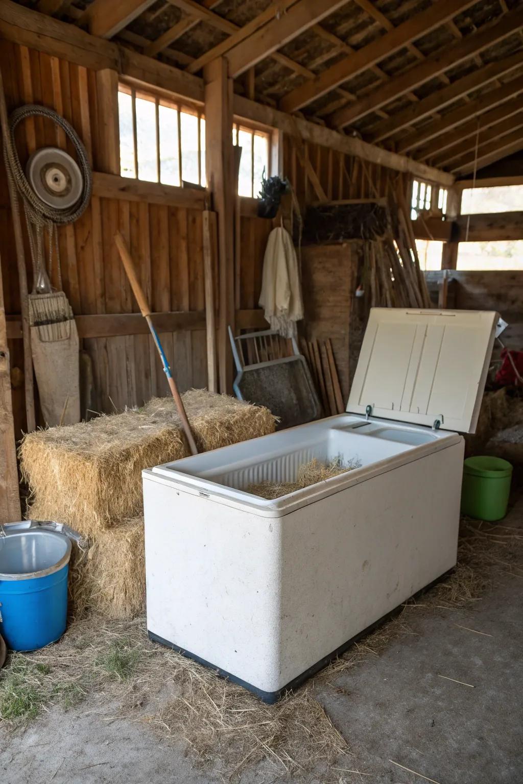 Old chest freezer converted into a feed storage unit.