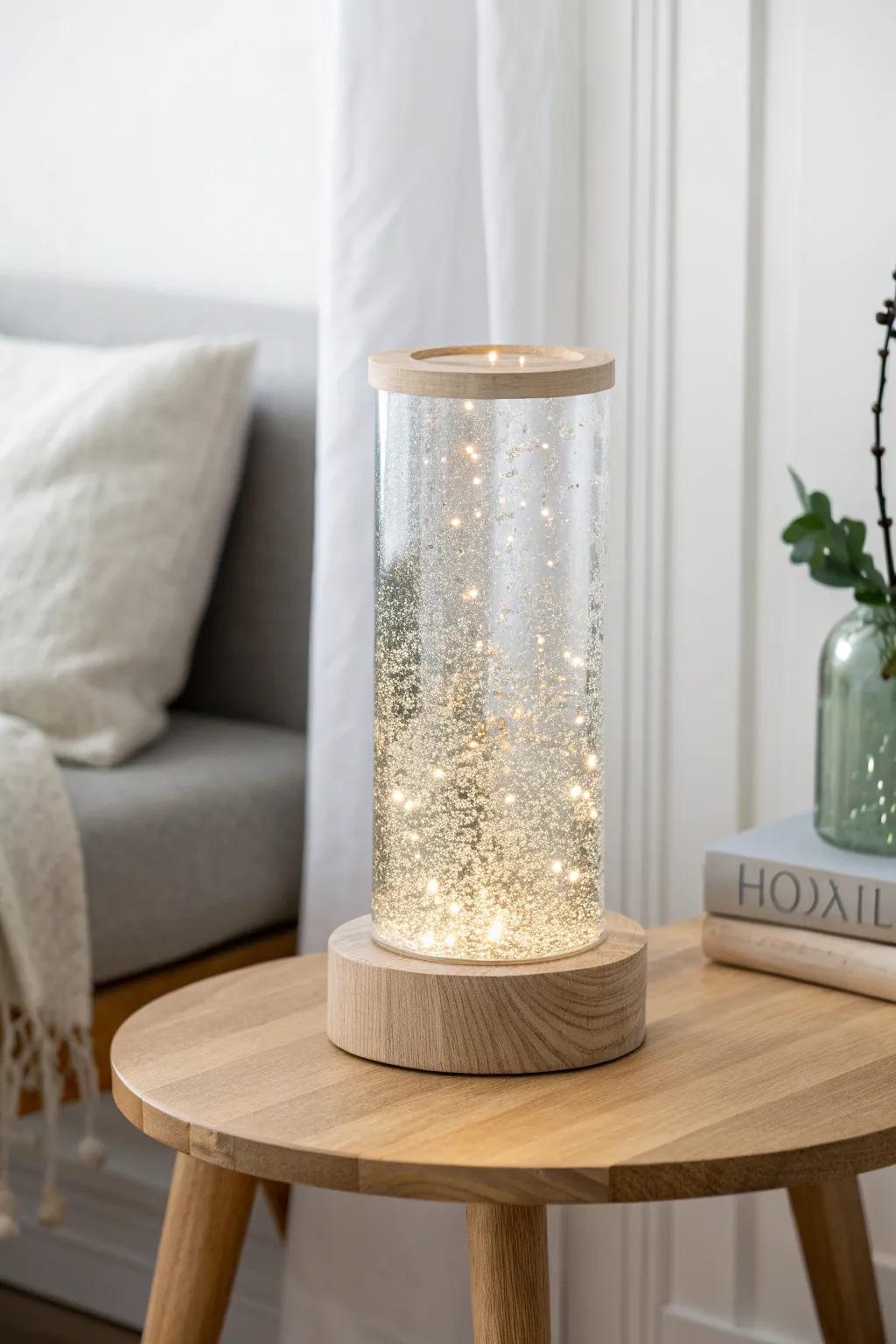 Bring a touch of magic to your space with a glitter-filled lamp that sparkles day and night.