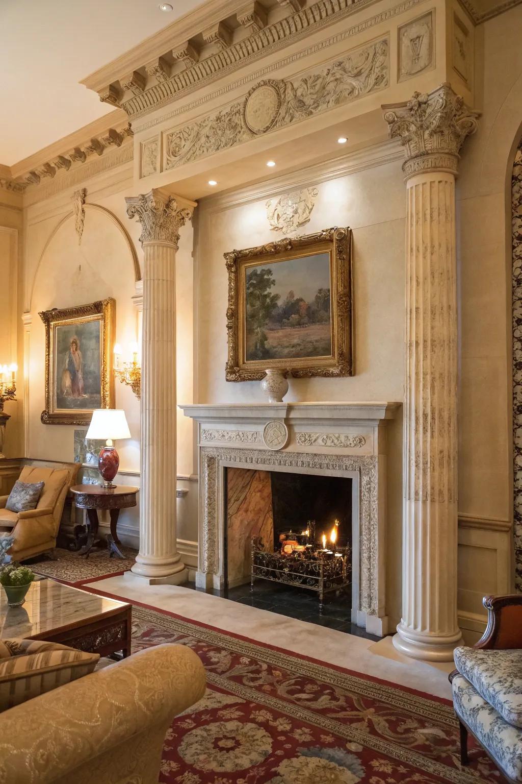 Ornate carved columns transform a fireplace into a masterpiece.
