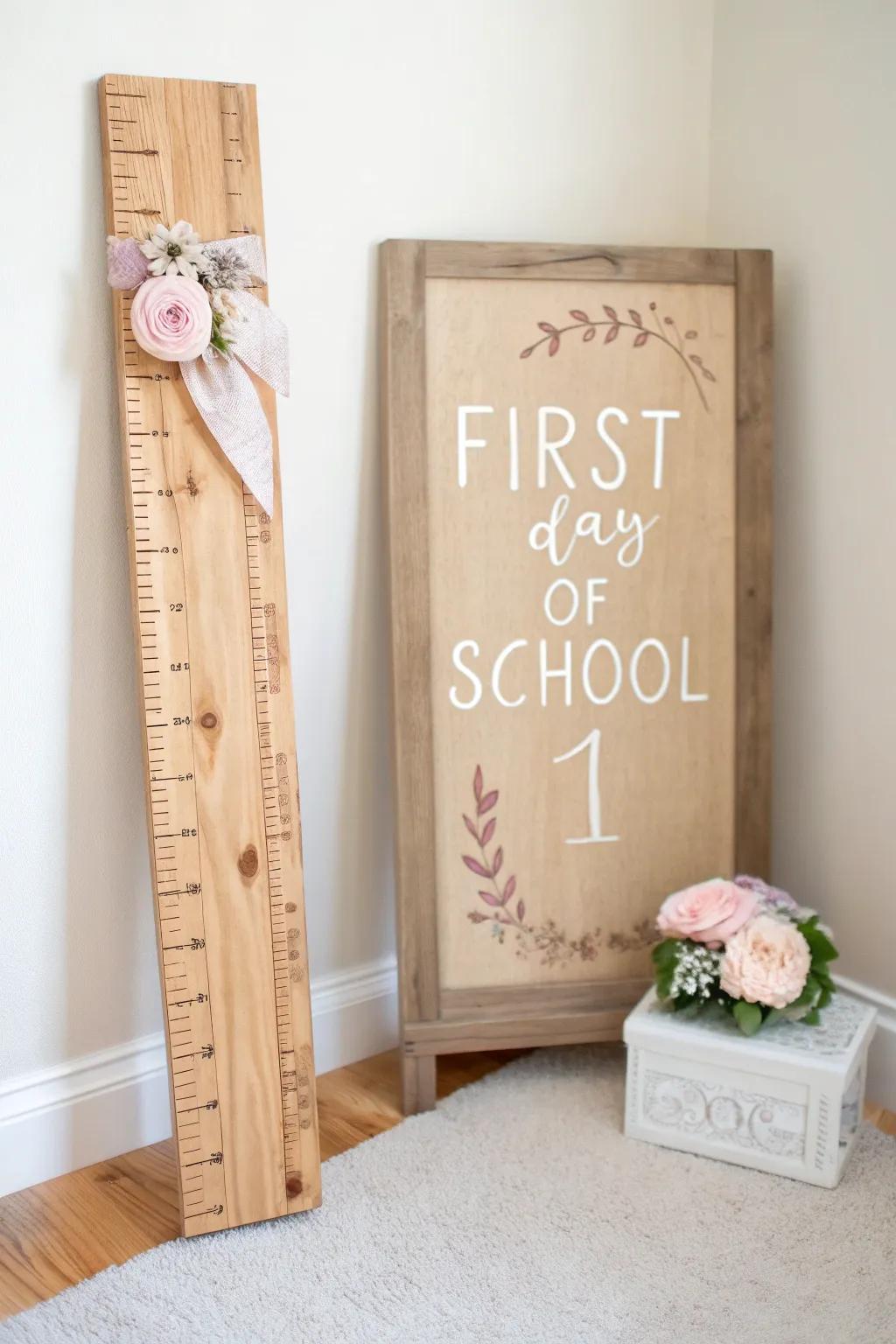 Capture their journey with a charming growth chart and school board duo, perfect for cherishing every milestone.