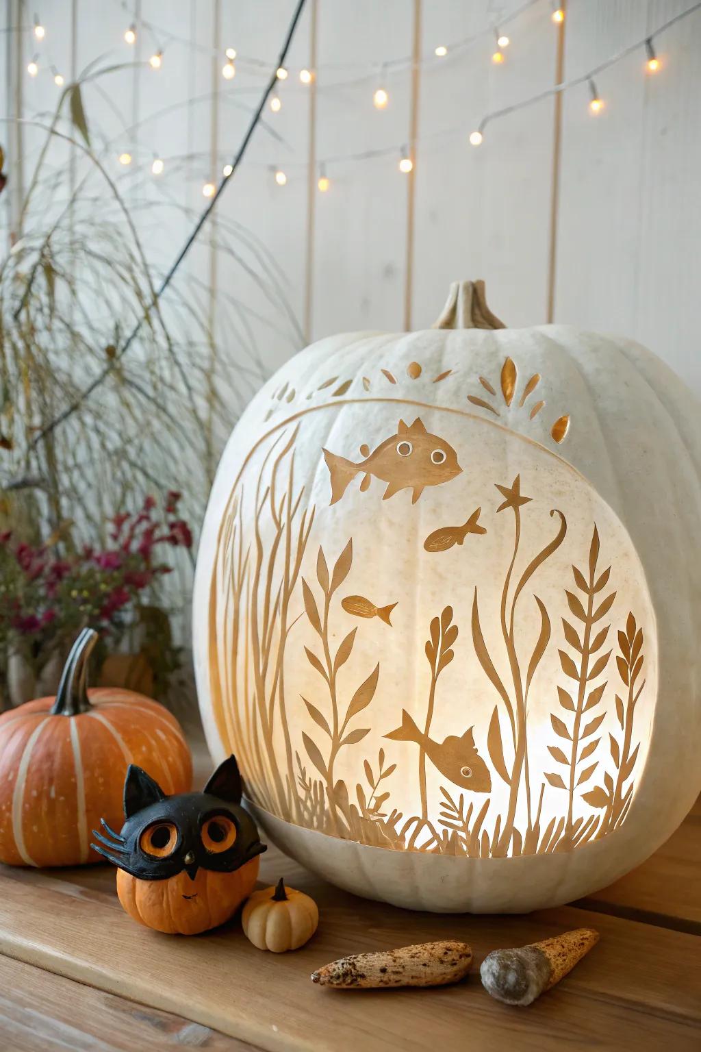 A whimsical twist on pumpkin carving: the curious cat meets the fishbowl. Perfect for adding a playful touch to your minimalist fall decor!