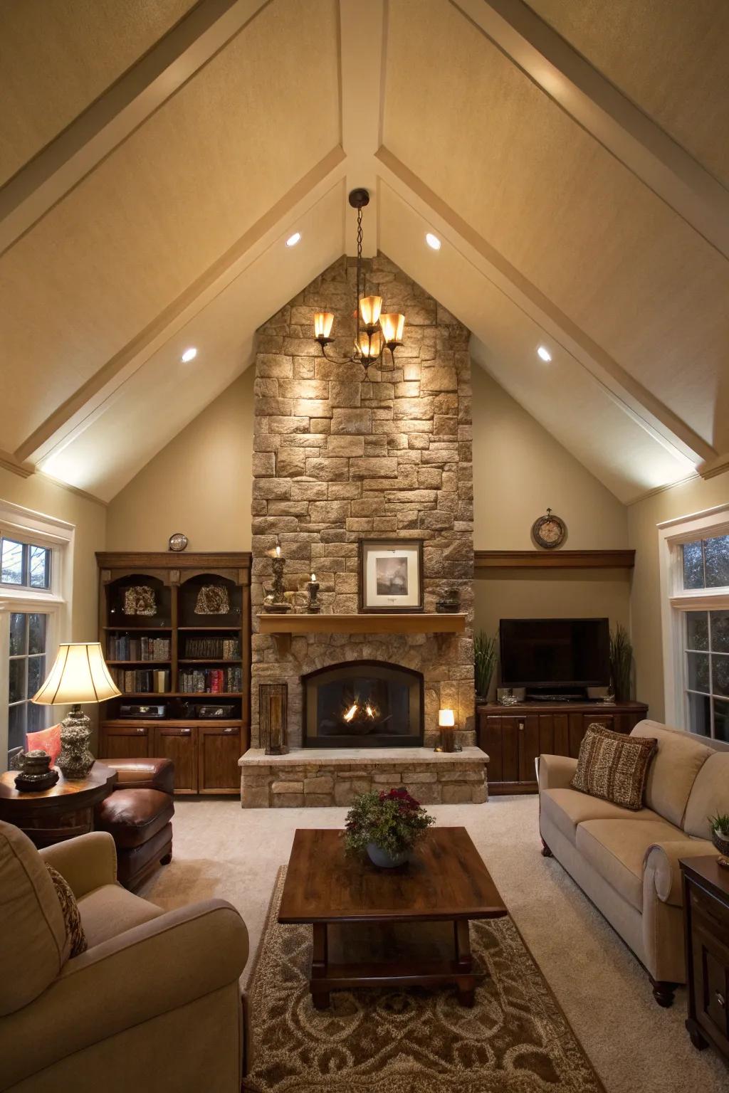 A cozy fireplace under a gable ceiling serving as a focal point.