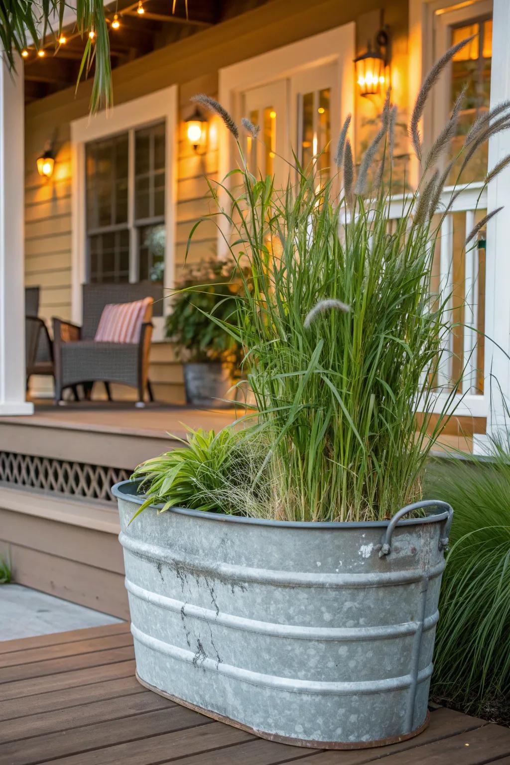 Create a private oasis with rustic charm using a galvanized wash tub planter filled with lush bamboo.