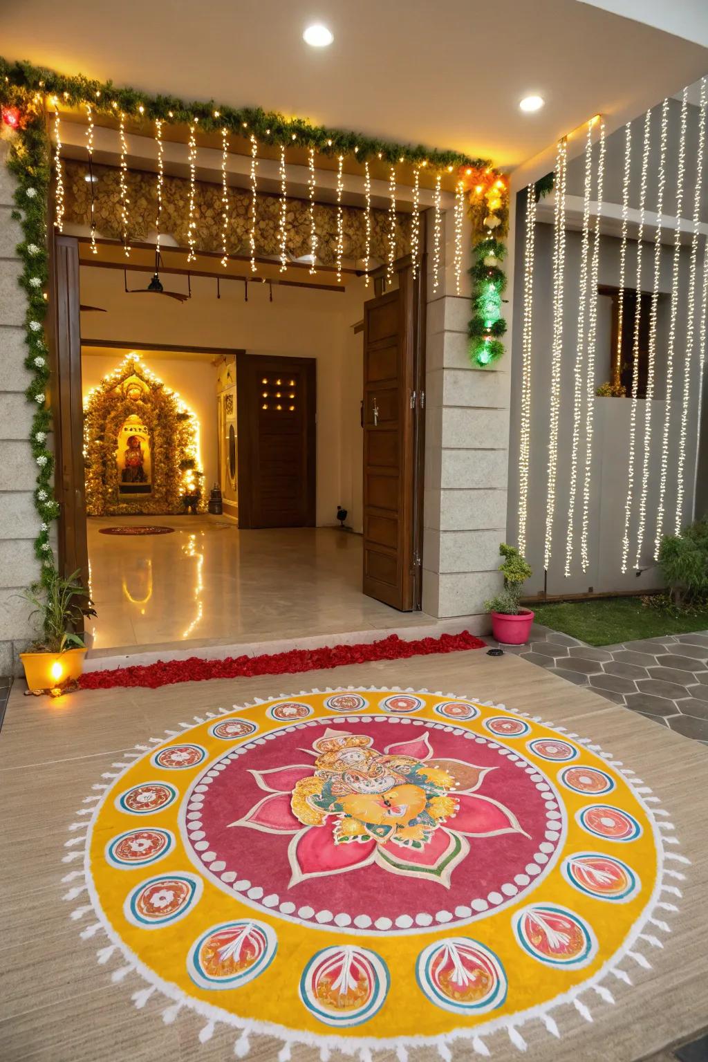Rangoli designs create a colorful and festive welcome.