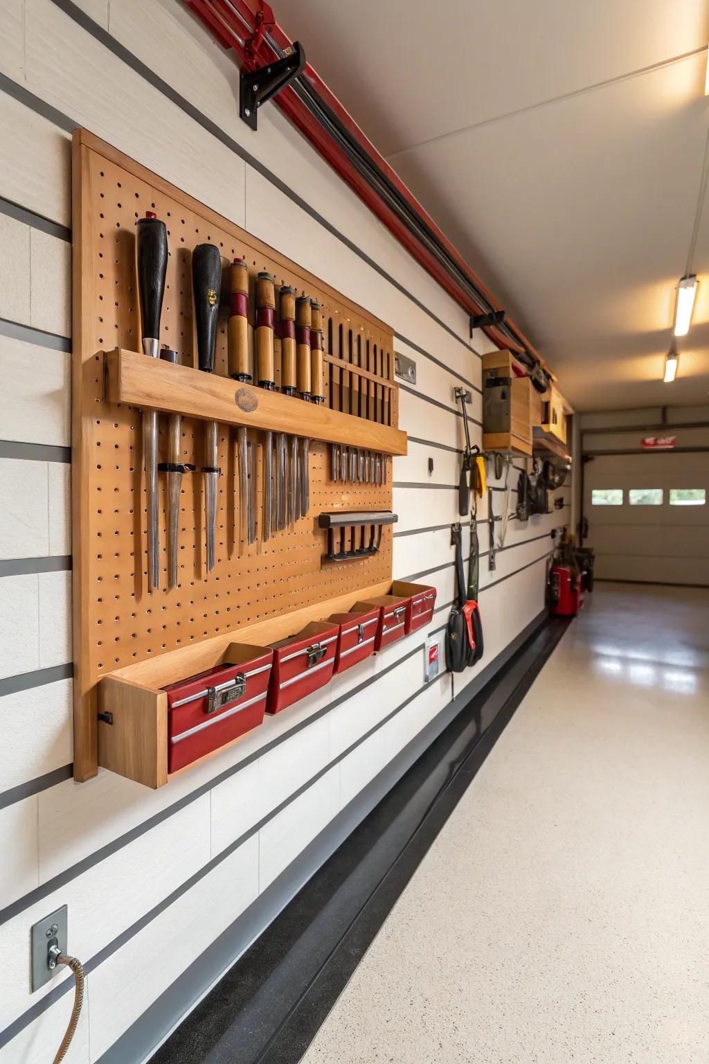 Transform your garage into a masterpiece of organization with stylish slatwall solutions.