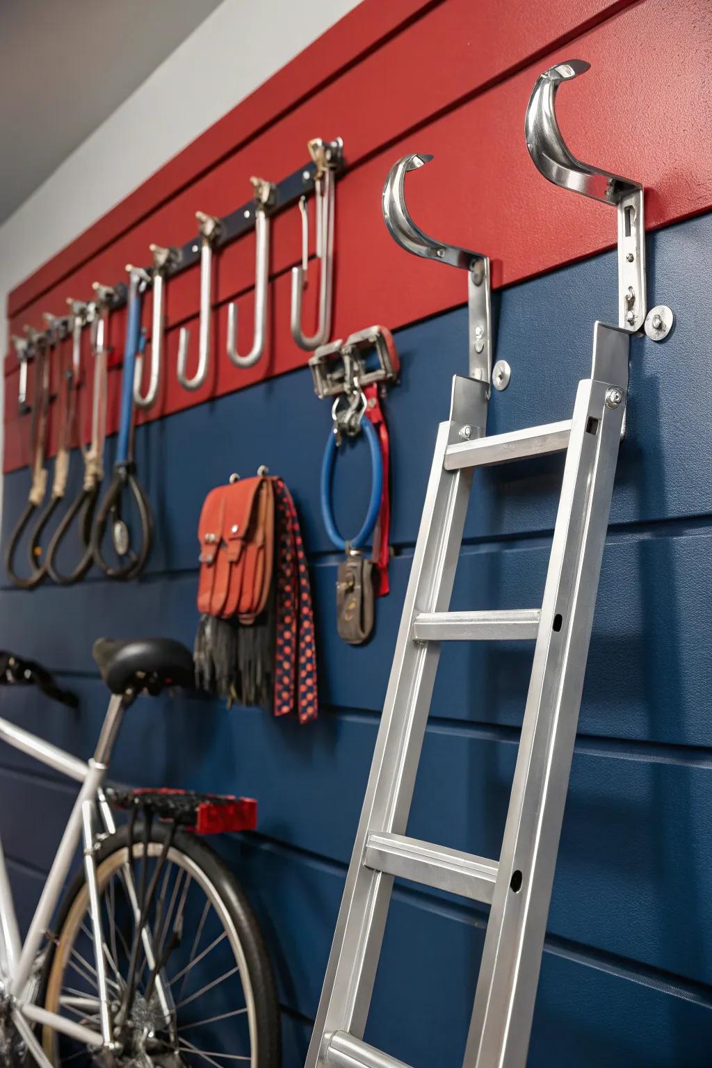 Elevate your garage game with sleek, wall-mounted hooks - craftsmanship meets functionality.