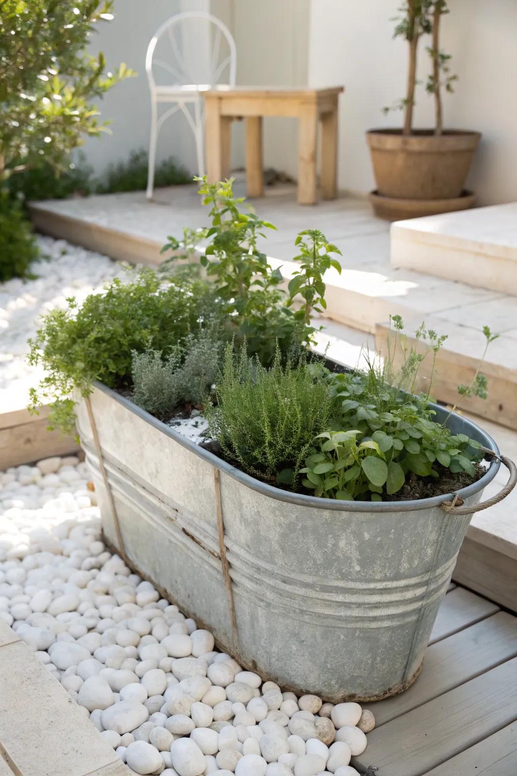 Elevate your garden with rustic charm: repurposed galvanized tubs as stunning herb beds.