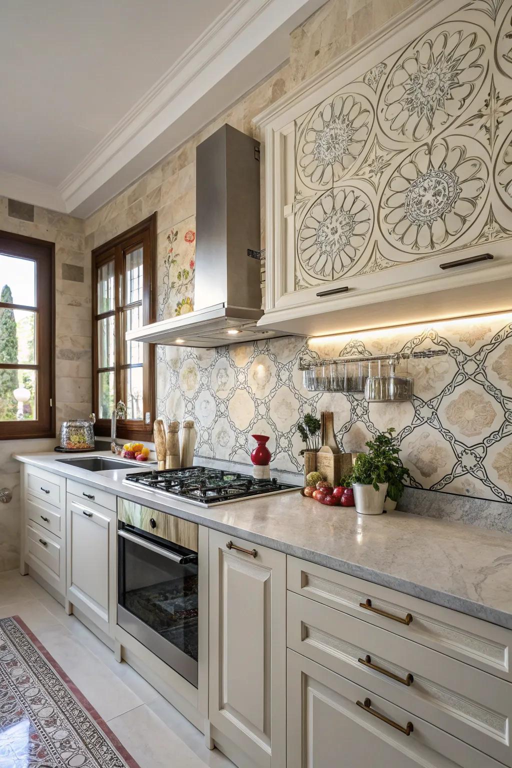 A decorative backsplash giving the kitchen a unique touch.