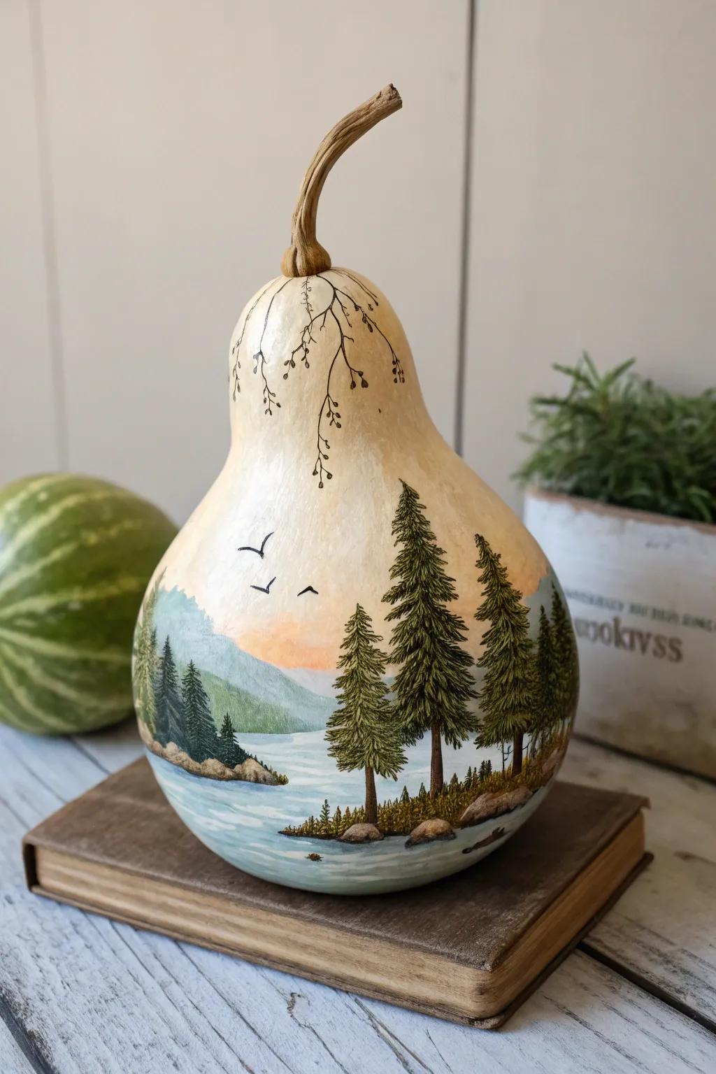 Discover a world within: A beautifully painted gourd transforms into a serene Scandinavian landscape.