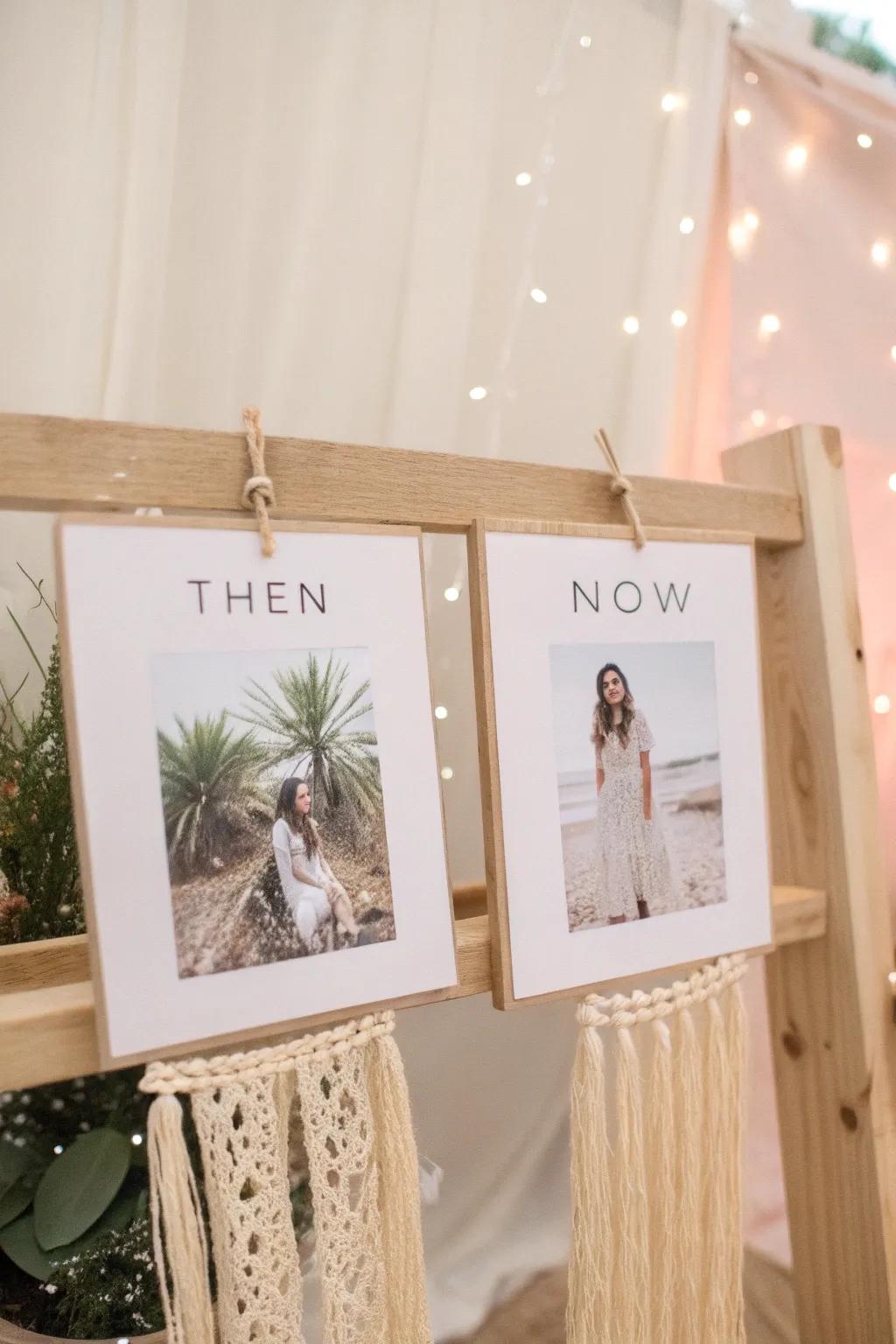 Celebrate the journey with a charming 'Then-and-Now' glow-up sign that's both stylish and sentimental.