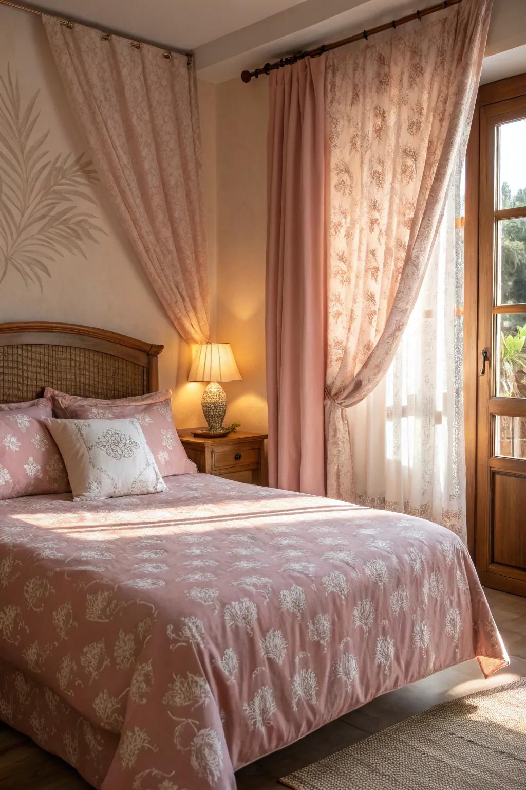 Subtle patterns complement the pink decor.