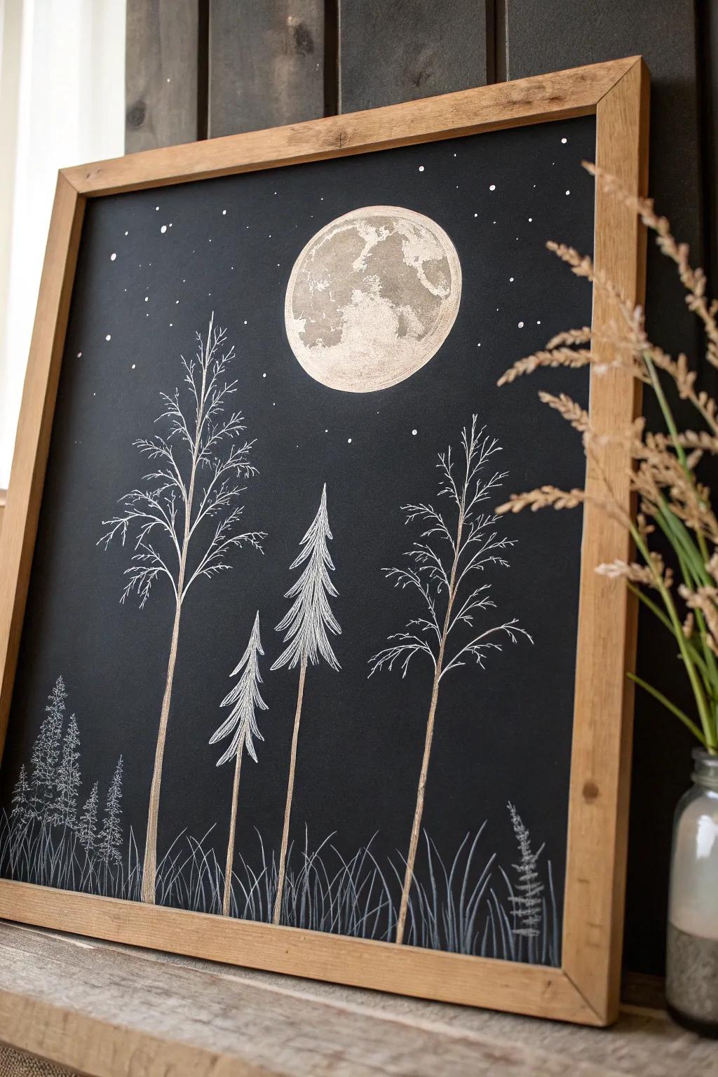Capture the magic of a moonlit night with this exquisite chalkboard art.