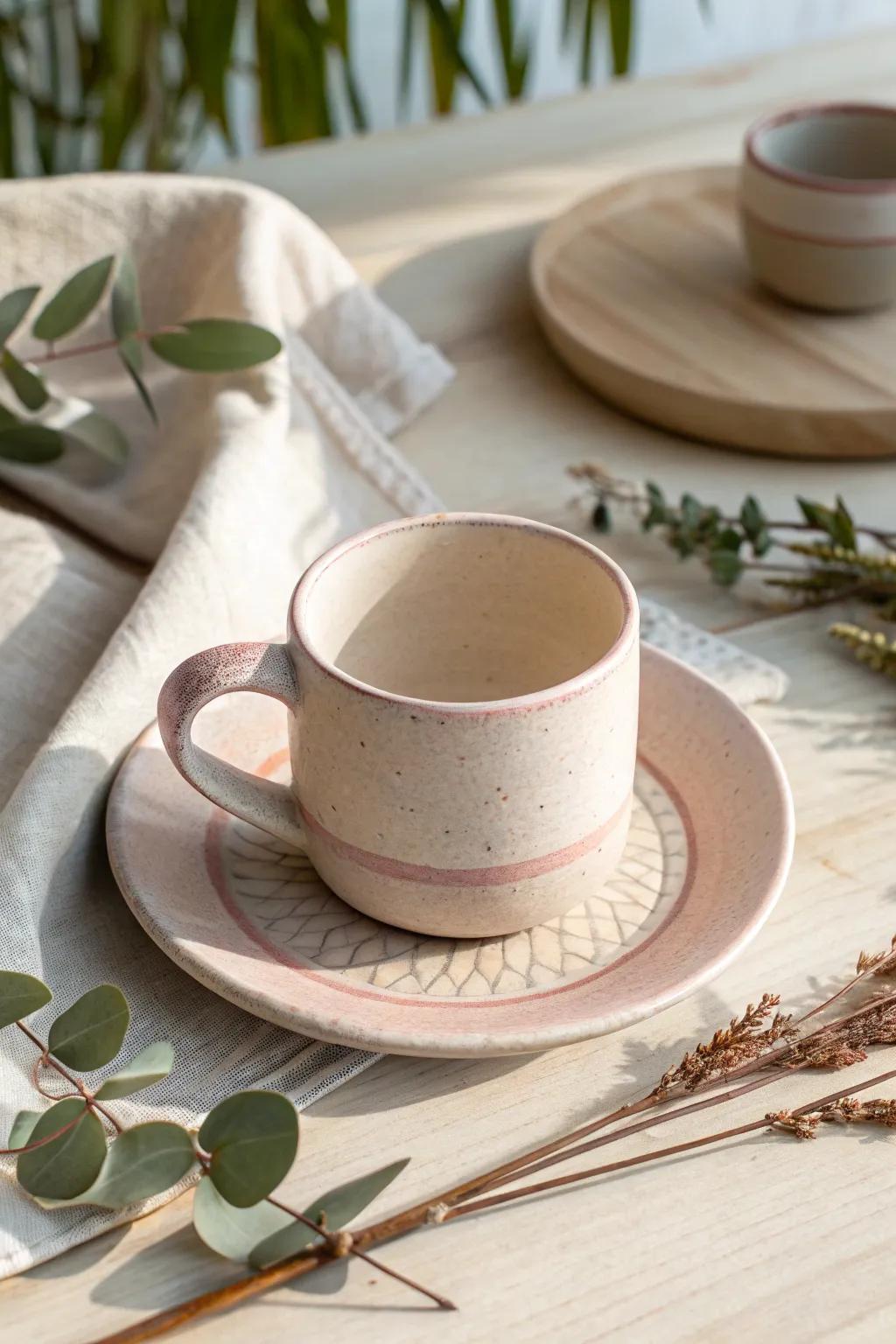 Elevate your coffee ritual with this elegant handcrafted mug and saucer set, where simplicity meets natural beauty.