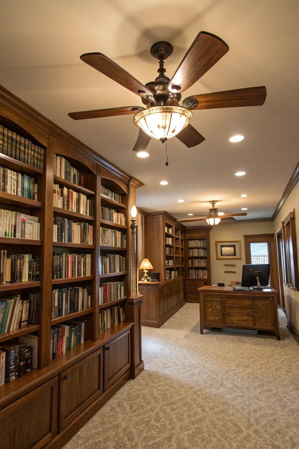 Enjoy dual functionality with a ceiling fan that lights up your library.