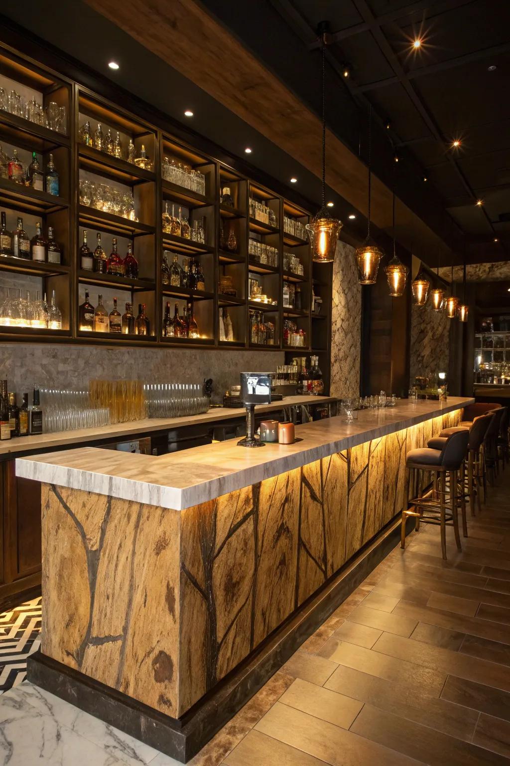 A statement bar counter can be the centerpiece of your whiskey bar.