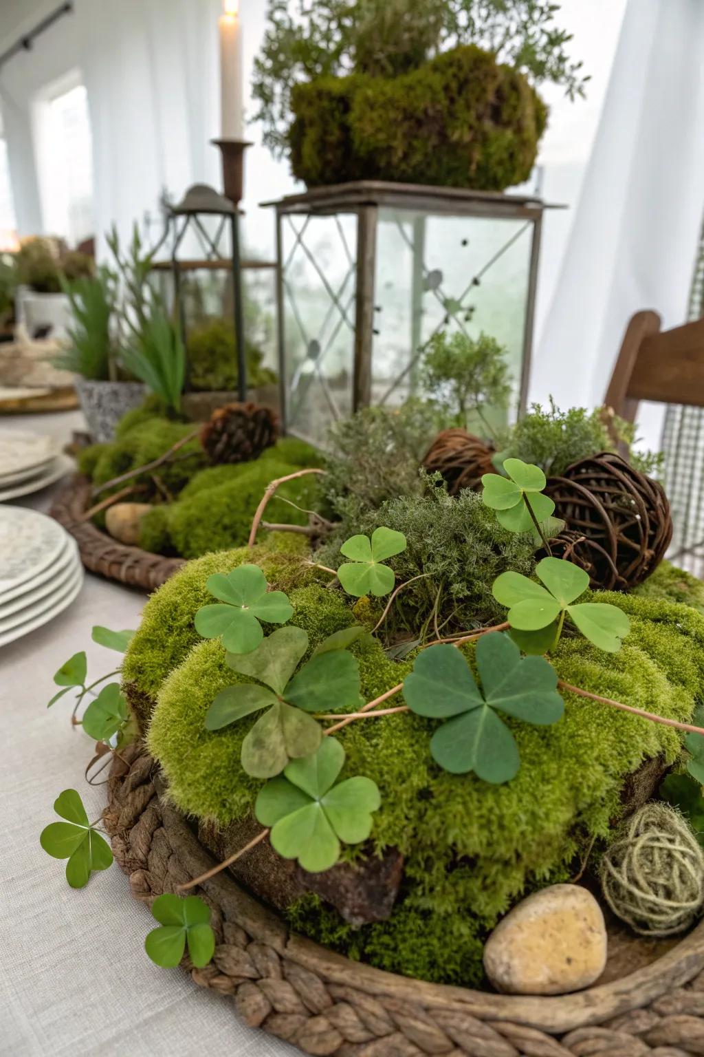 A fresh display of leaves and moss for natural charm.
