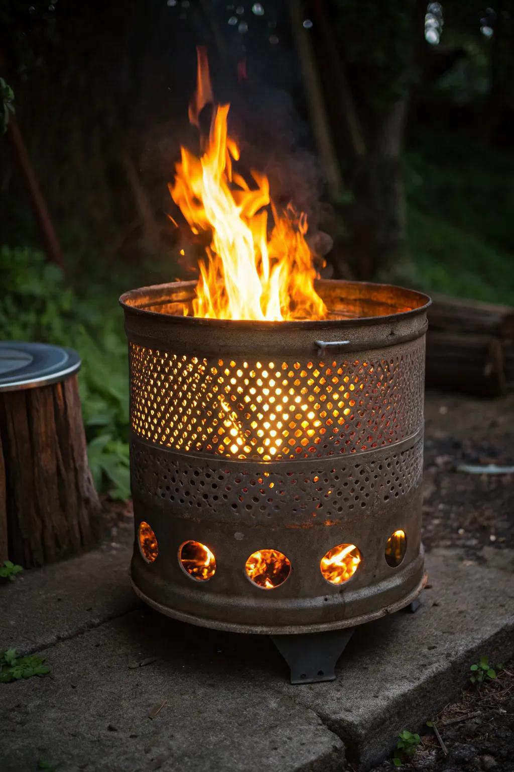Transform a humble washer drum into a mesmerizing fire pit centerpiece.