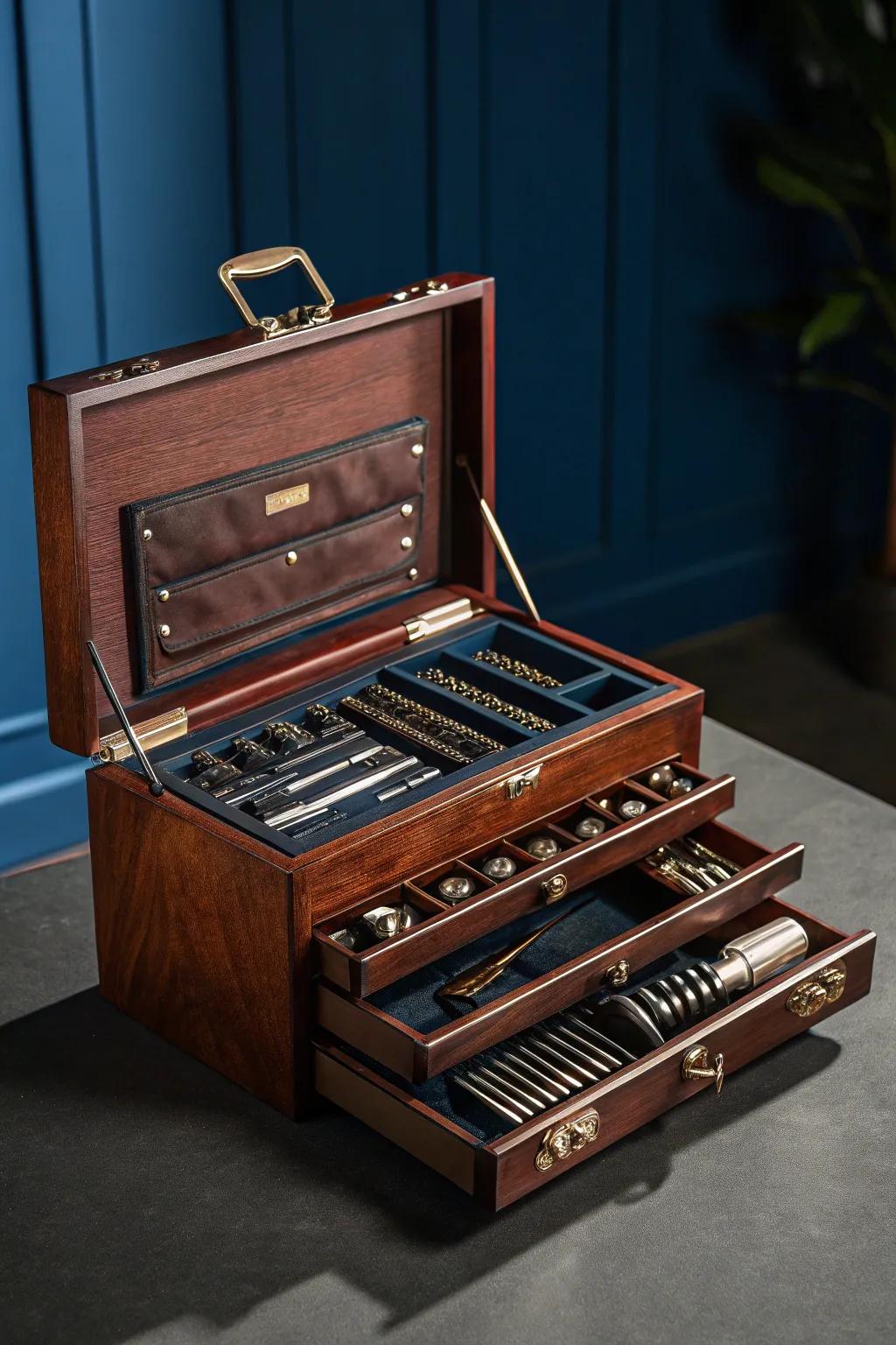Master the art of organization with this compact and expertly crafted toolbox.
