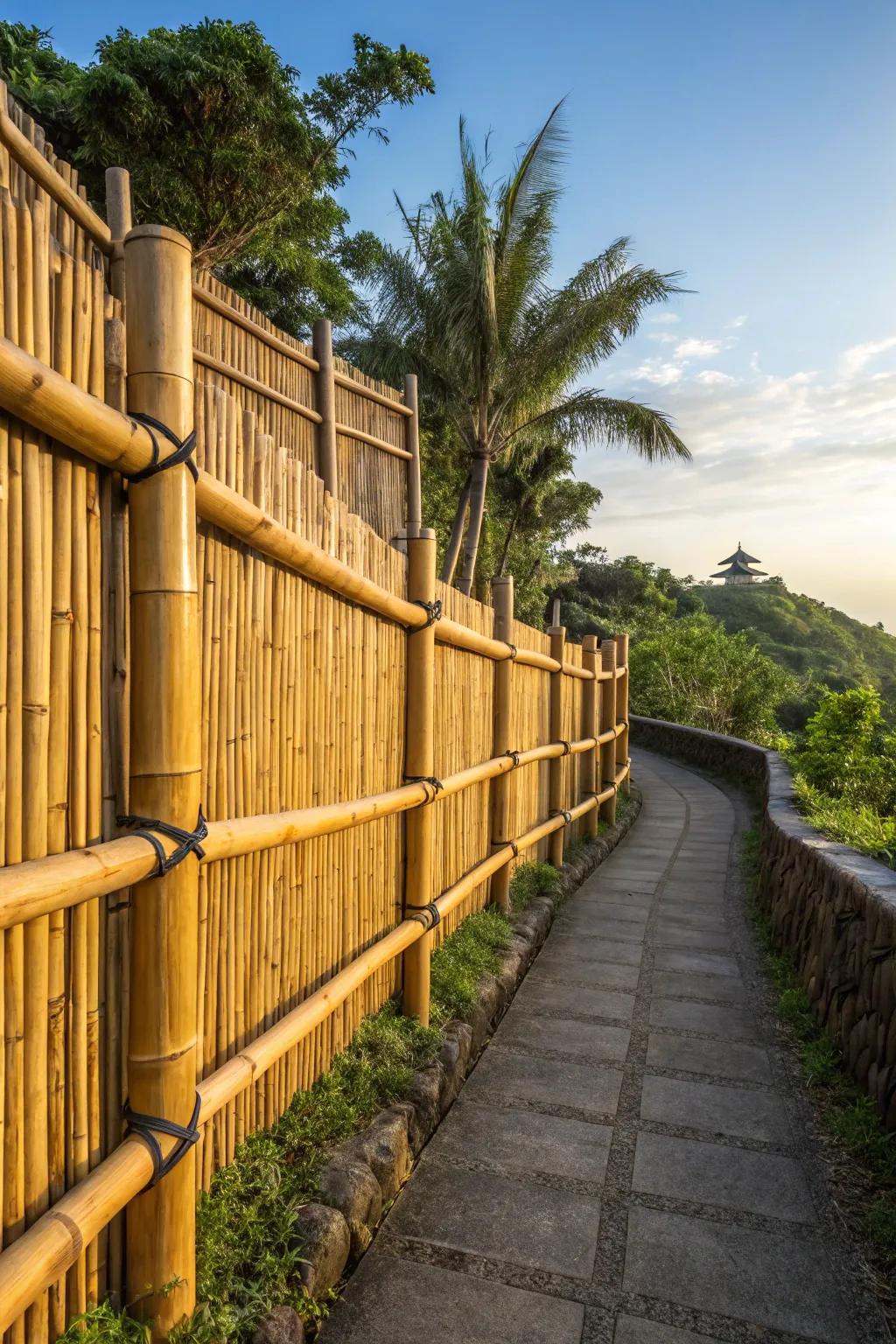 Elevate your slope with the exotic charm of a bamboo horizontal fence.