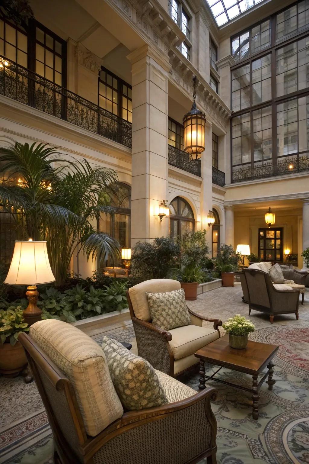Cozy seating makes this atrium a perfect spot for relaxation.