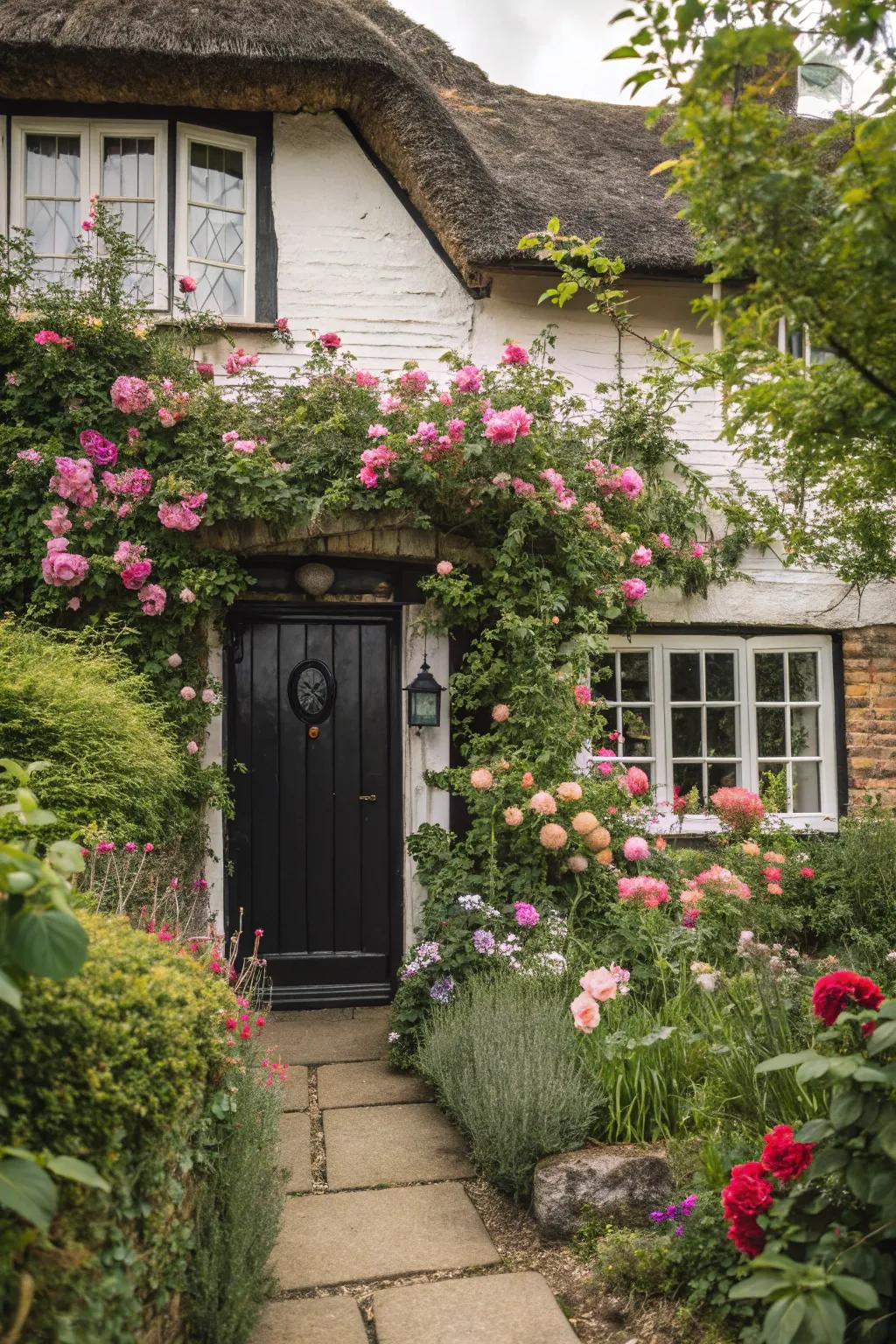 Cottage charm with a chic black door.