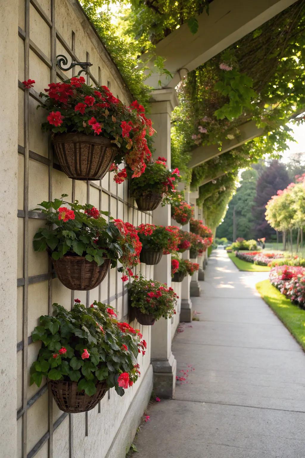 A vertical garden of begonias transforms a plain wall into a vibrant feature.