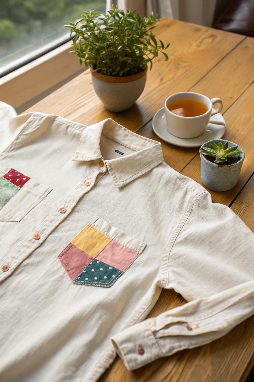 Elevate your style with a touch of personal flair: Distressed shirts with colorful patches for that unique Boho-Scandinavian vibe.