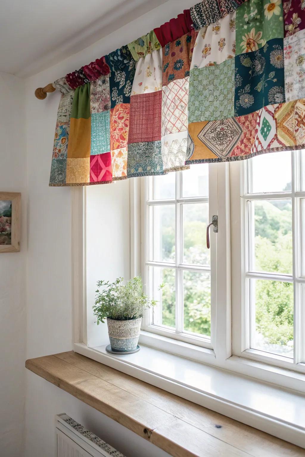 Add a splash of color and personality to your space with a handcrafted patchwork valance, perfect for the eco-conscious and style-savvy.