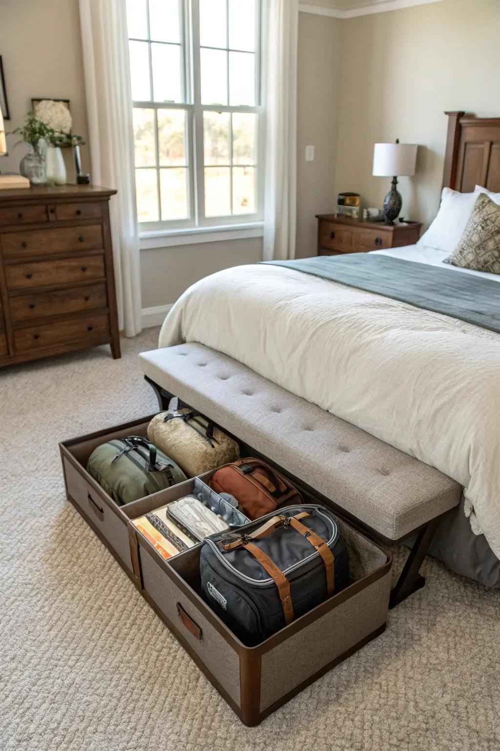 A storage bench offers hidden space for small luggage.