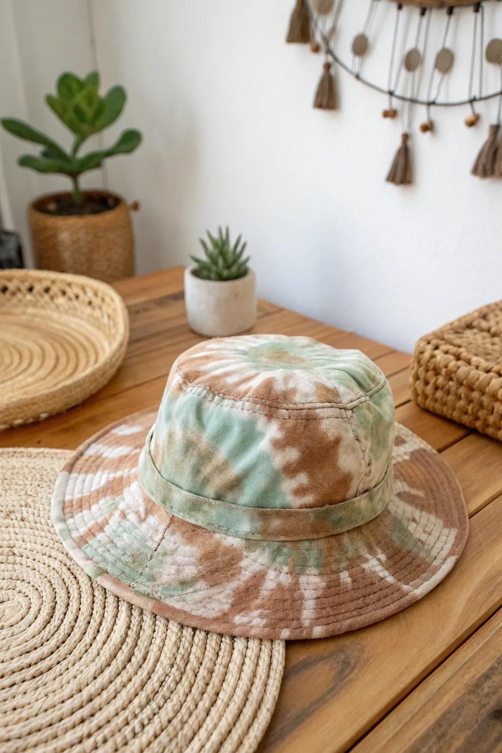 Embrace rustic elegance with this earthy-toned tie-dye hat, perfect for a natural, calming style.