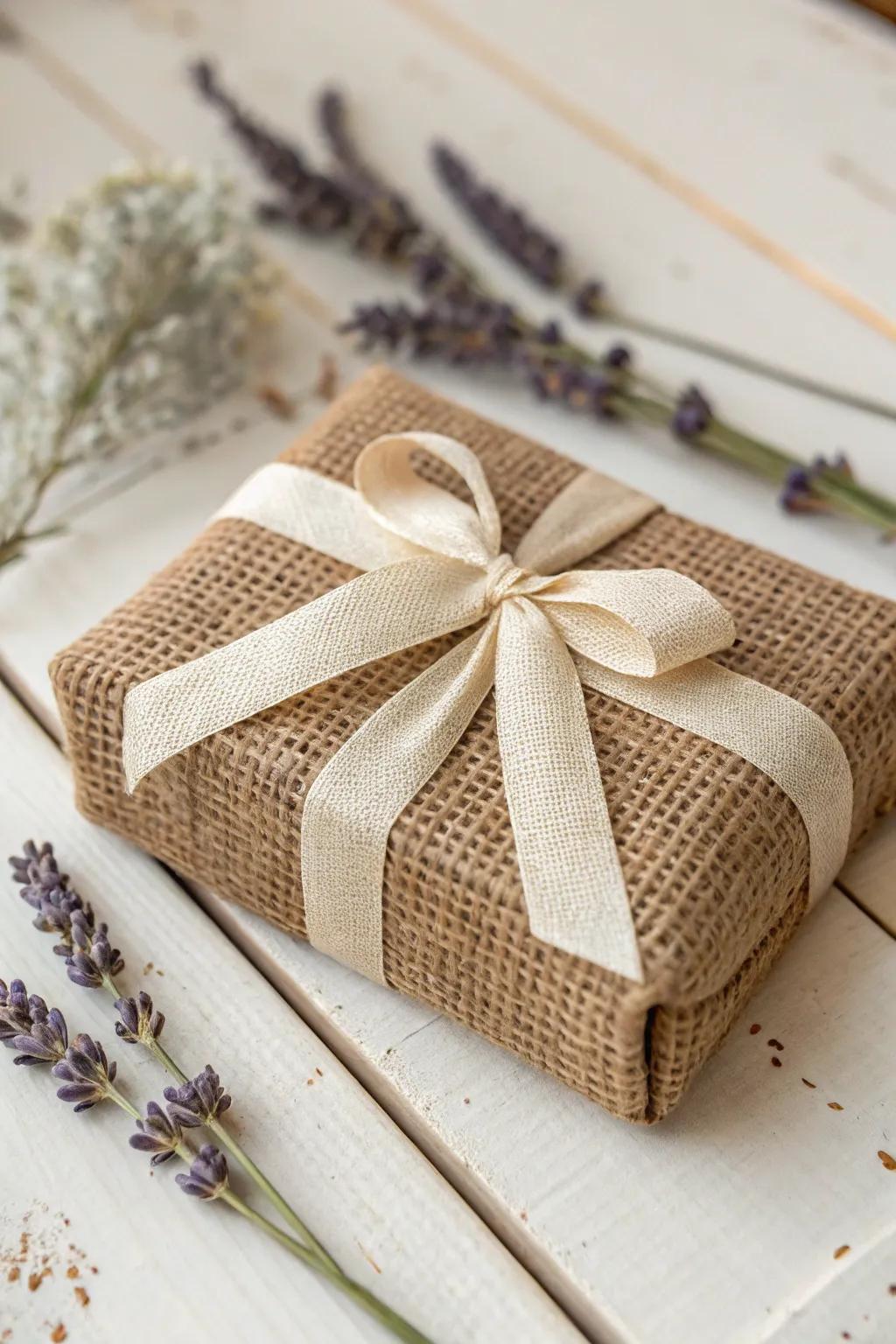 Embrace rustic elegance with a burlap-wrapped gift, perfect for a touch of countryside charm.