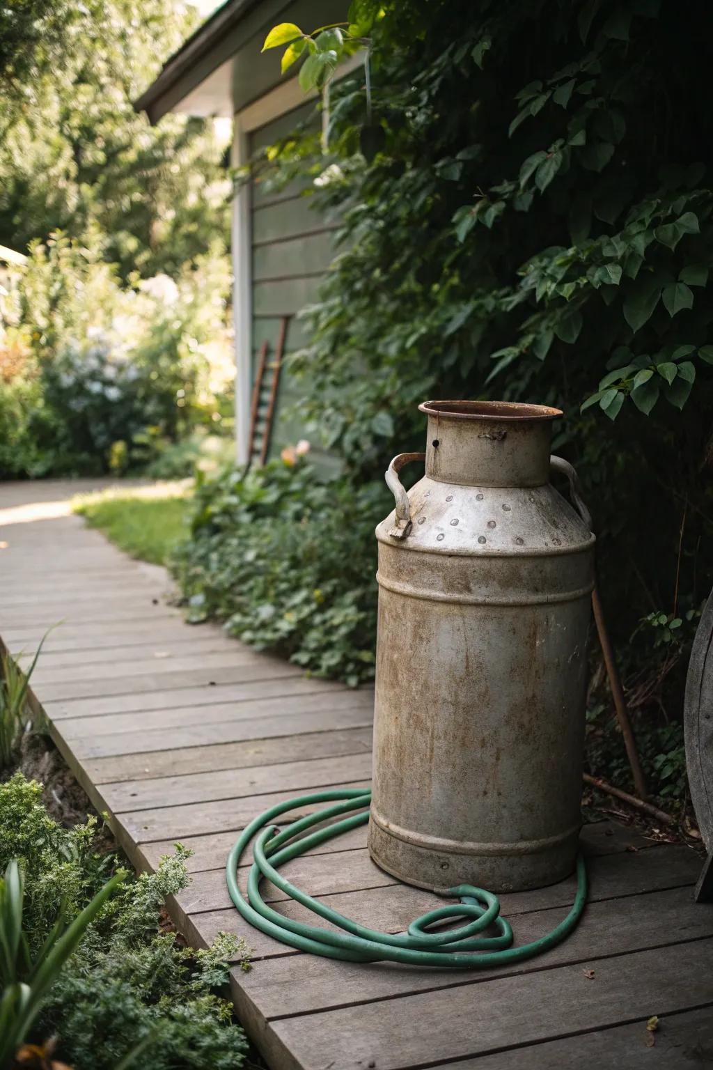 Transform your garden with a touch of rustic charm using a vintage milk can hose holder.
