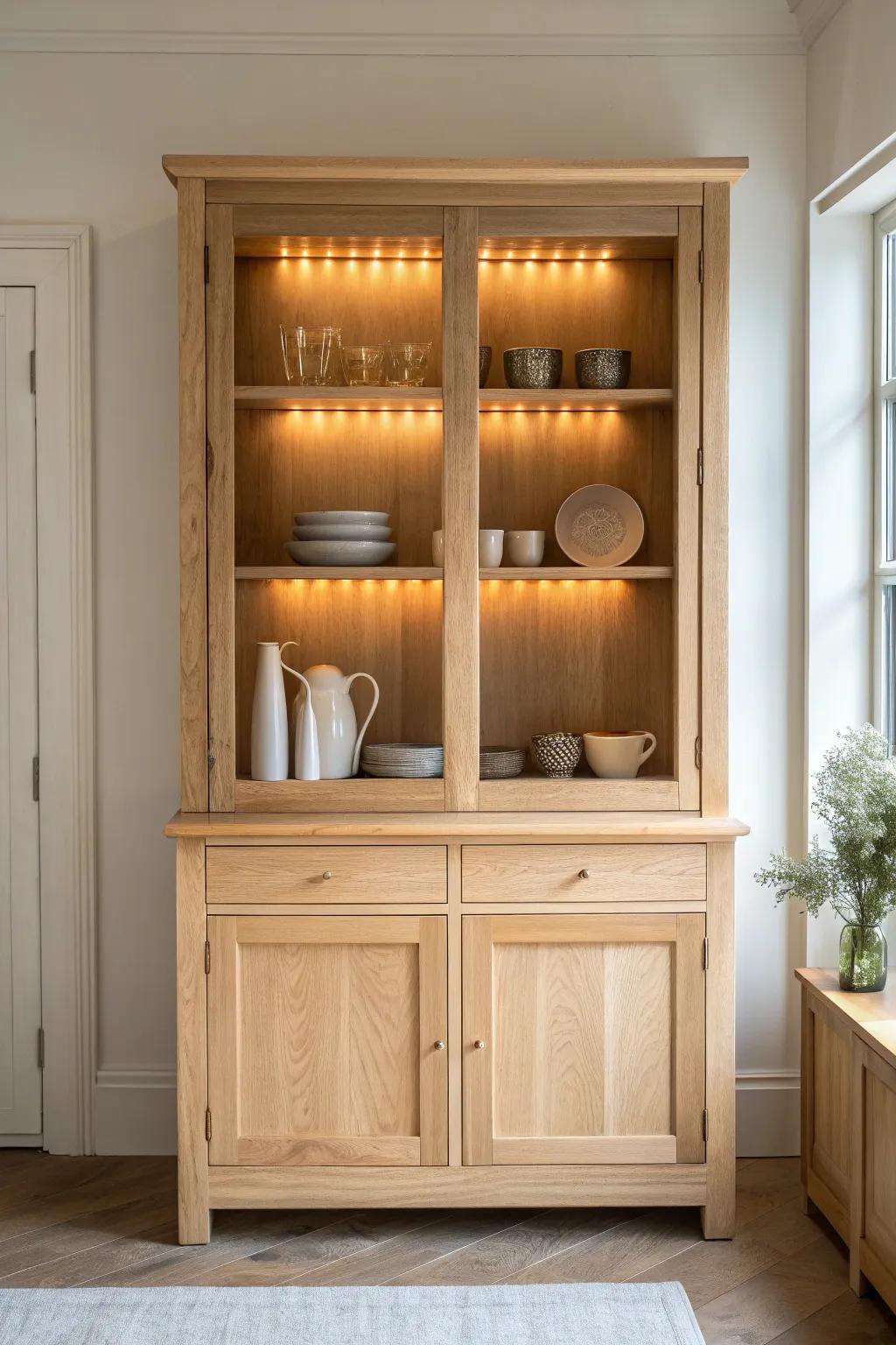 Illuminate your treasures with a touch of modern elegance—transform your hutch with subtle LED lighting.